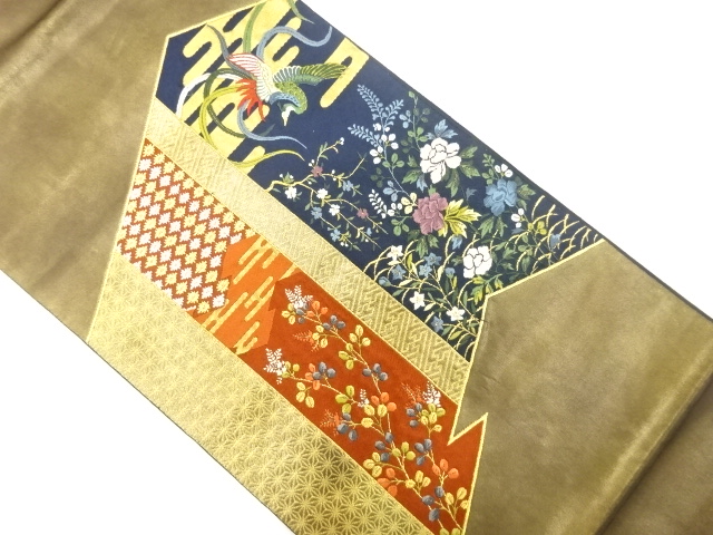 引き箔変わり松皮菱に鳳凰・秋草模様織り出し袋帯